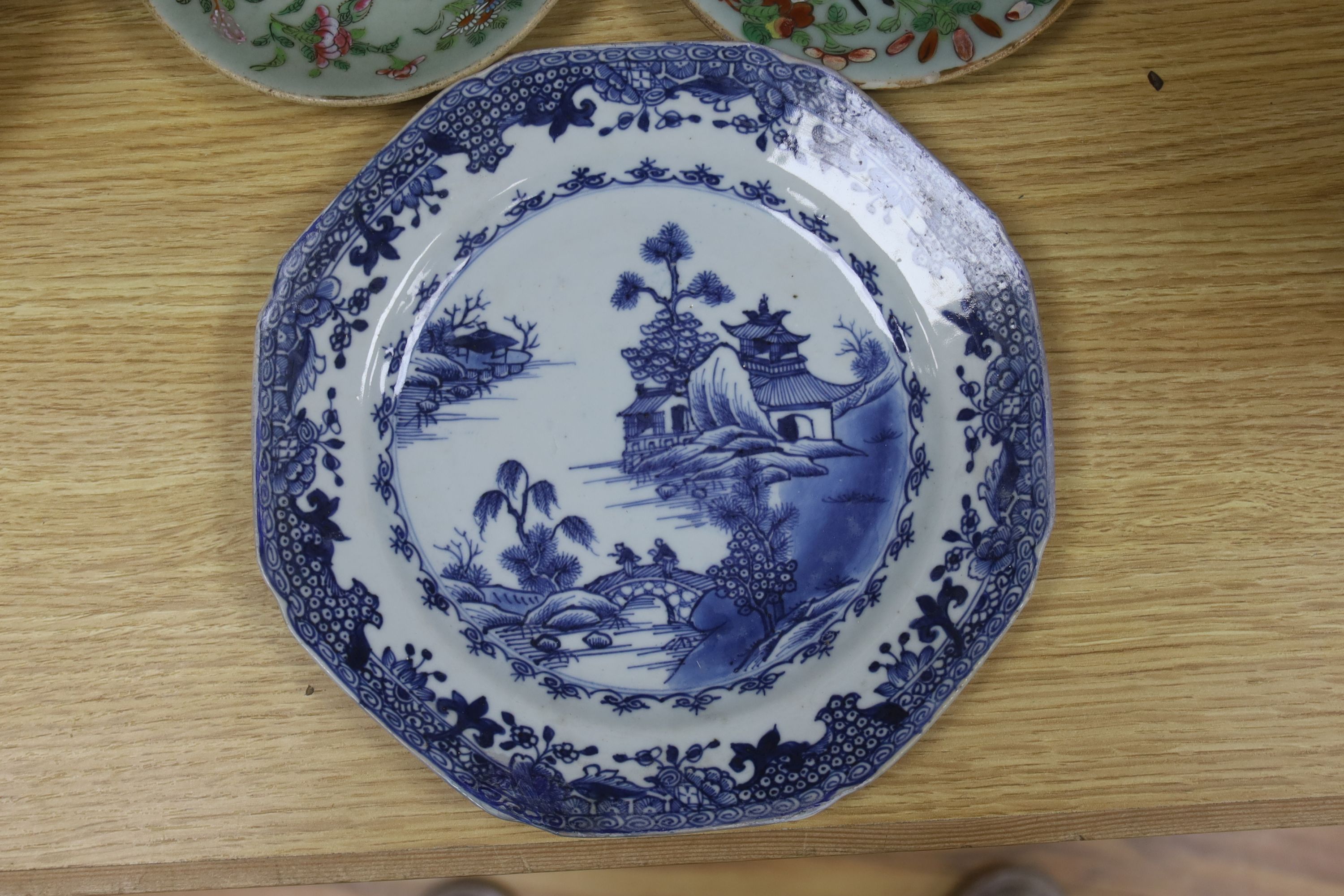 Two Chinese blue and white dishes, a famille rose vase and two Cantonese dishes, largest 23cm